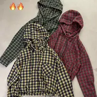 女士宽松长袖修身格子衬衫气质时尚休闲连帽带帽格纹韩版