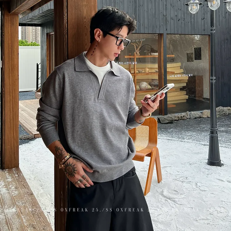OXFREAK「老钱风 海鸥领」假两件polo毛衣男设计感小众翻领针织衫