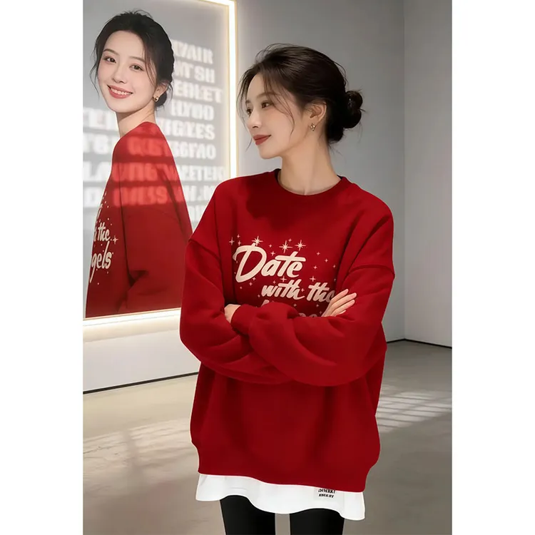 兹伊翰【云端漫步】时尚拼接加绒字母印花卫衣2026秋冬新款宽松上衣