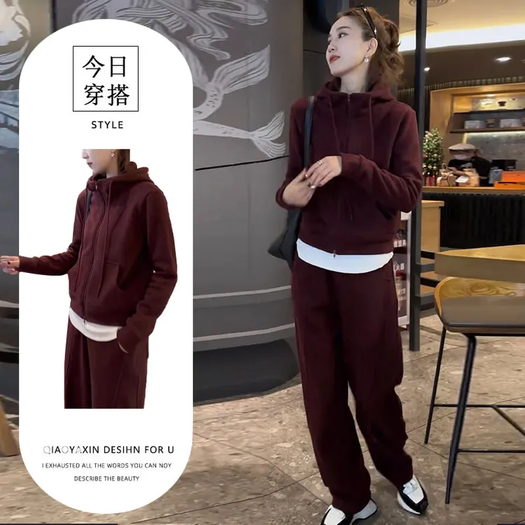 深冬搭配一整套女2025年秋冬新款时尚洋气加绒卫衣阔腿裤两件套女