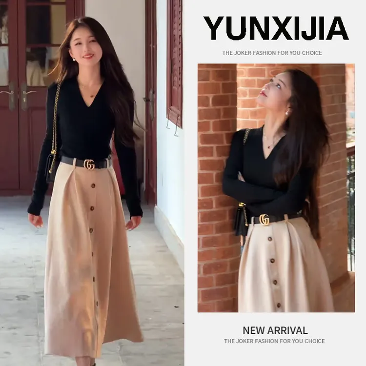 女秋装2025新款洋气时髦法式V领长袖上衣打底气质显瘦长裙两件套