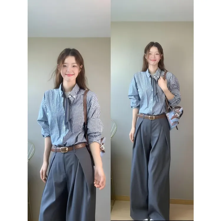 MARIE.COCO松弛感复古ins风格纹衬衫上衣秋季新款女设计感阔腿裤