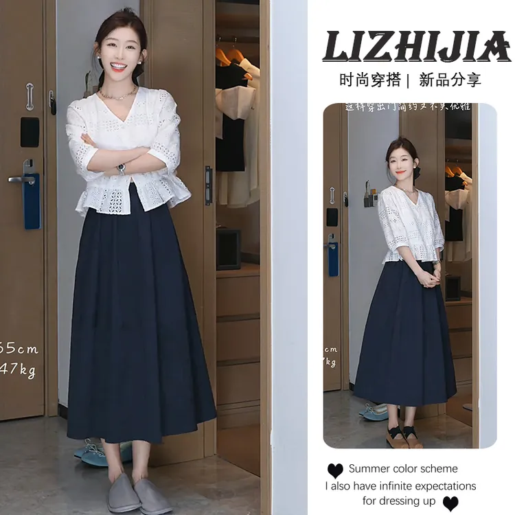 2025夏季新款气质收腰镂空短袖衬衫上衣百搭显瘦遮肉半身裙两件套