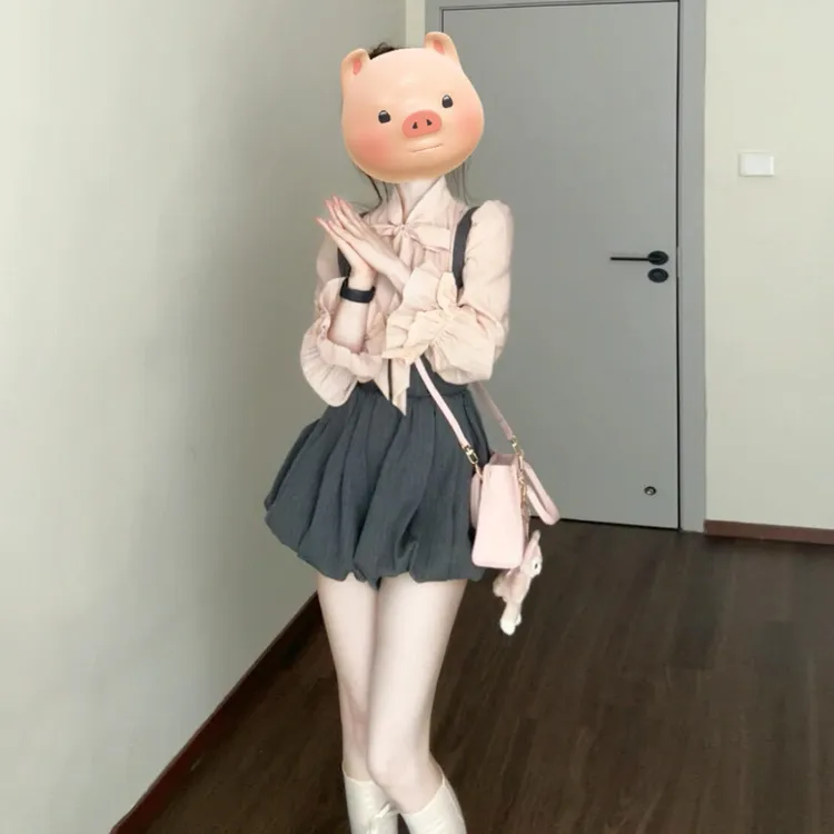 法式复古温柔风荷叶边V领蝴蝶结衬衫女秋季显瘦背带花苞裤两件套