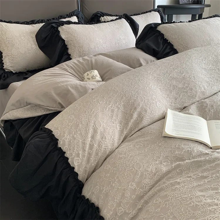 轻奢双层纱提花四件套2025新款非纯棉花边被套床单床上用品三件套