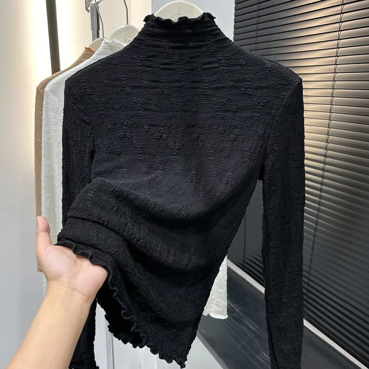 黑色加绒纯欲蕾丝打底衫女秋冬新款高档镂空长袖小衫别致保暖上衣