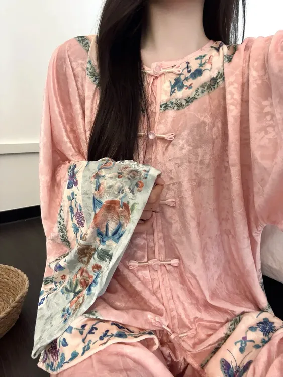 新中式温柔少女国风金丝绒花卉睡衣女秋冬新款长裤长袖家居服套装