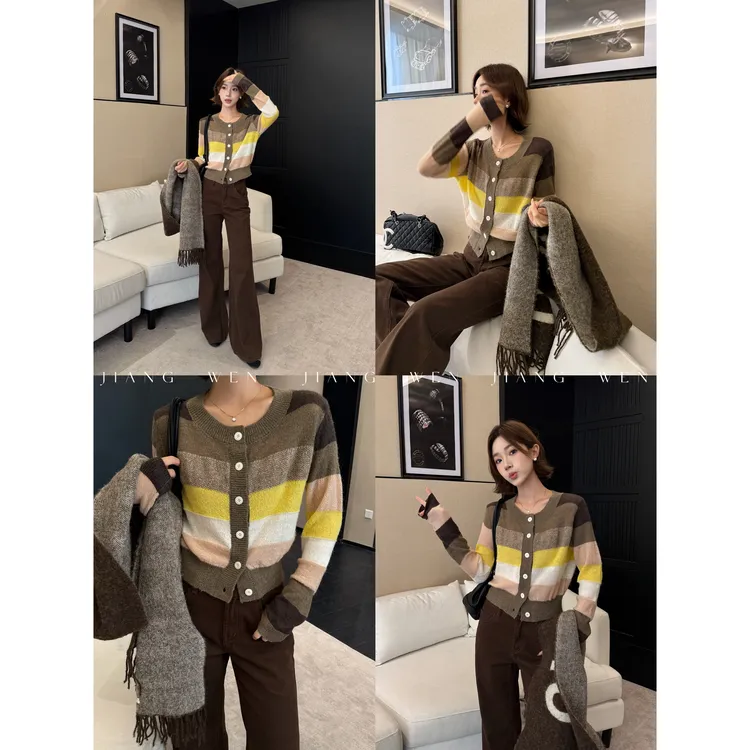 【夕阳在巴黎】“羊毛”条纹撞色艺术感毛衣开衫