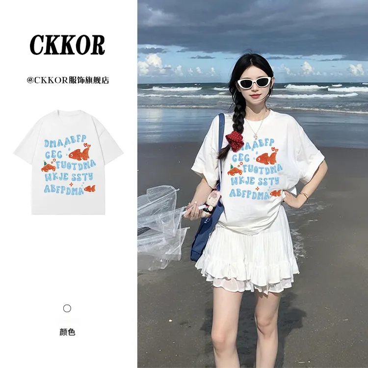 CKKOR纯棉圆领短袖女t恤夏季新款学生休闲穿搭卡通设计感小众上衣