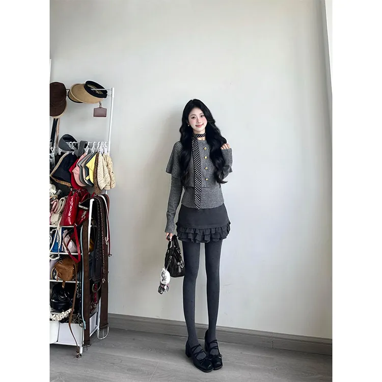 时尚秋冬套装小众洋气灰色斗篷披肩针织衫高腰修身显瘦a字半身裙