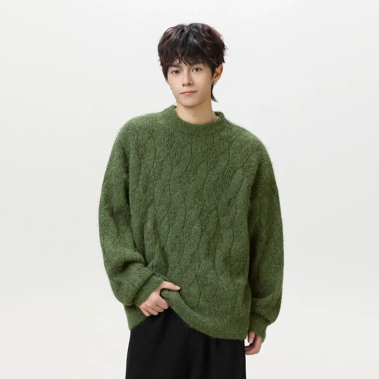 复古氛围感圆领毛衣男女秋冬宽松慵懒感麻花厚实情侣针织外套上衣