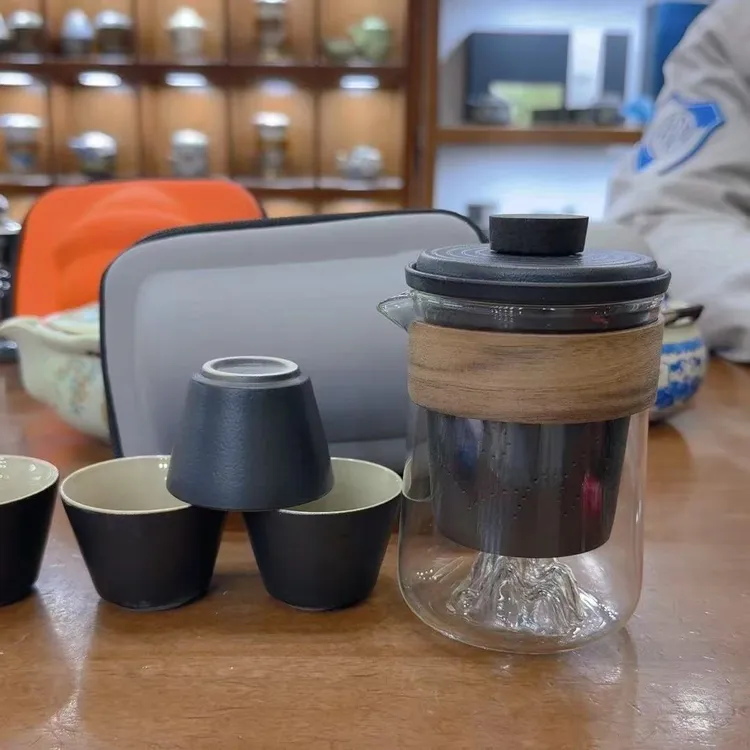 当代 C47 旅行茶具套装路宝釉面观山黑四杯