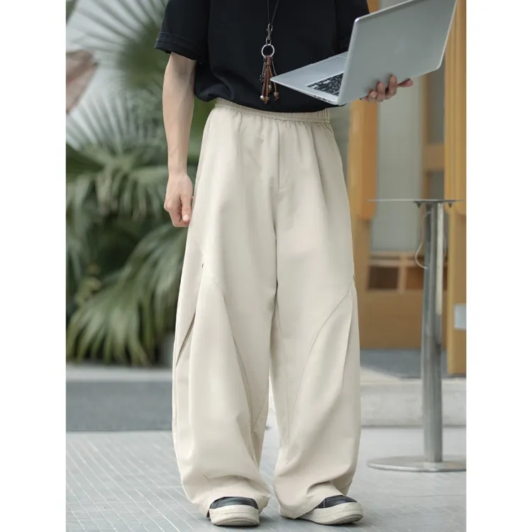 阔腿裤立体分割打褶休闲裤男春夏新款质感宽松裤潮牌运动长裤子