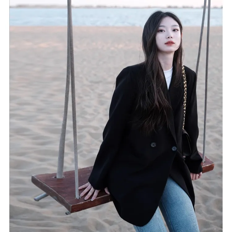 小个子黑色外套时尚女高级感2025秋季新款垂坠休闲廓形小西装上衣