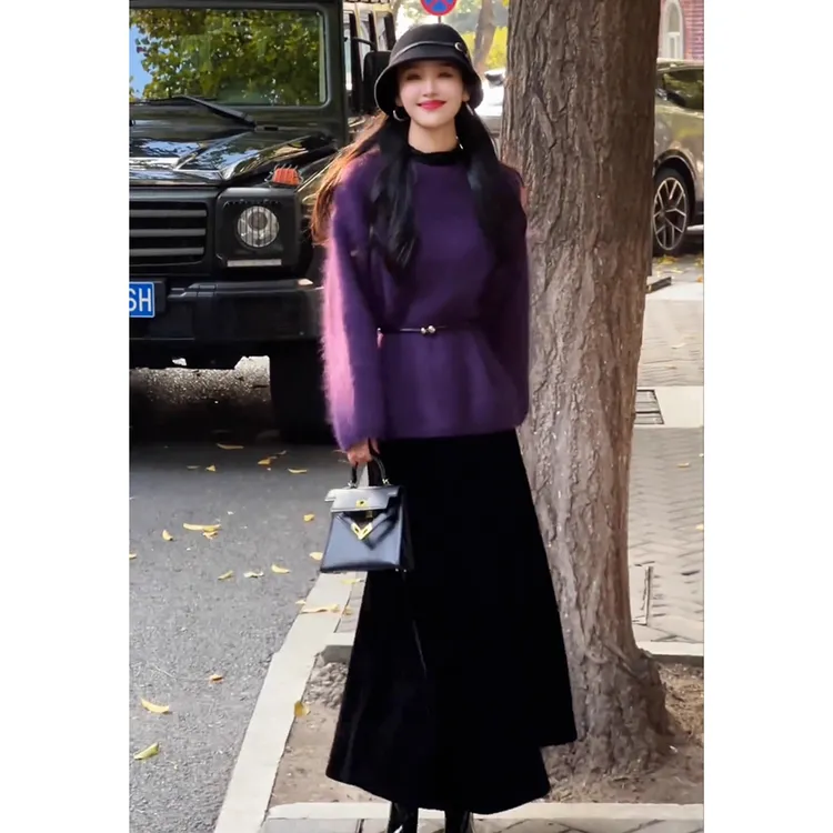 法式慵懒松弛感气质女神范大方得体绝美温柔紫色毛衣半身裙套装冬