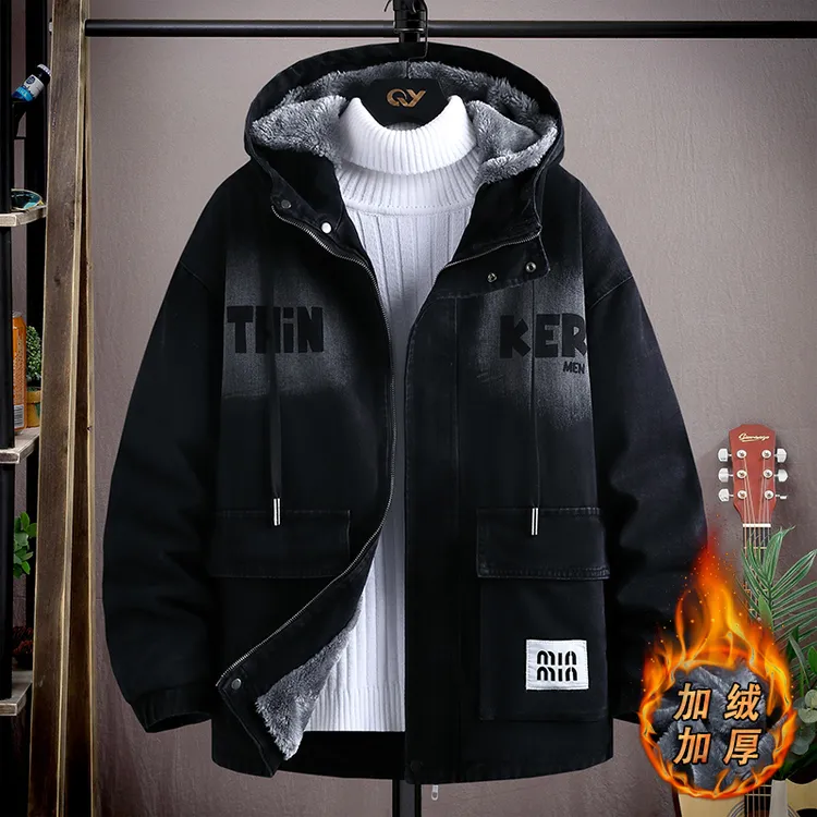 2025冬季加绒加厚青少年连帽牛仔夹克港风宽松渐变时尚百搭帅气衣