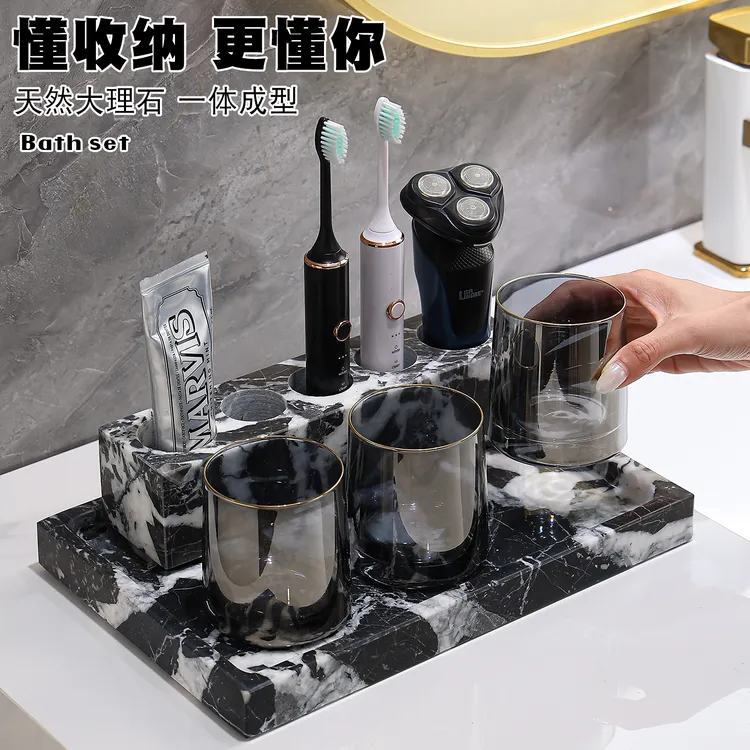 宝格丽黑大理石牙刷架卫生间台面洗漱用品收纳置物架高级奢石托盘
