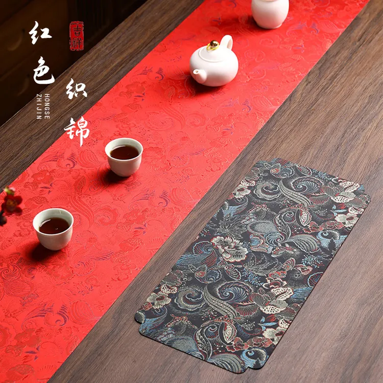 复古红色织锦防水茶席新中式桌旗禅意布艺家居茶几布双面防污垫子
