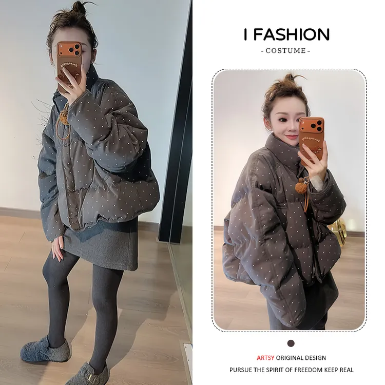 羽绒棉服女款2025冬季新款波点加绒面包服短款加厚保暖立领短外套
