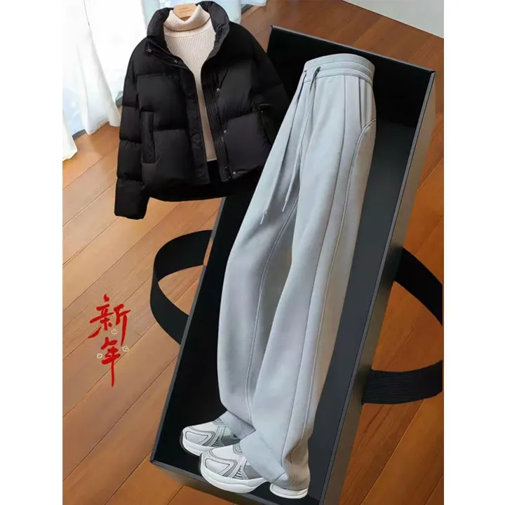 加绒运动裤女2024新款秋冬季直筒香蕉卫裤小个子窄版休闲阔腿裤子