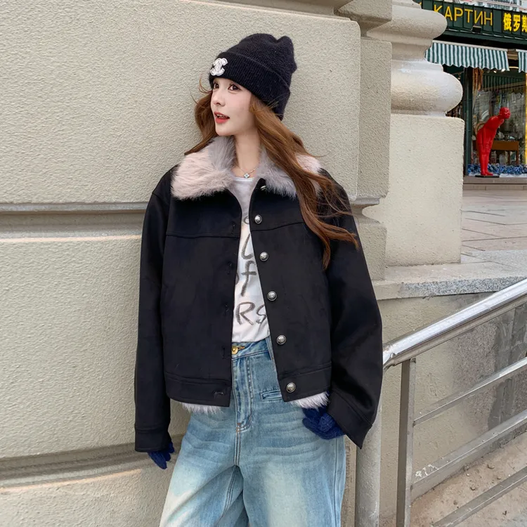 黑色复古毛领麂皮绒夹棉短外套女2025冬季高级感毛毛拼接加厚夹克