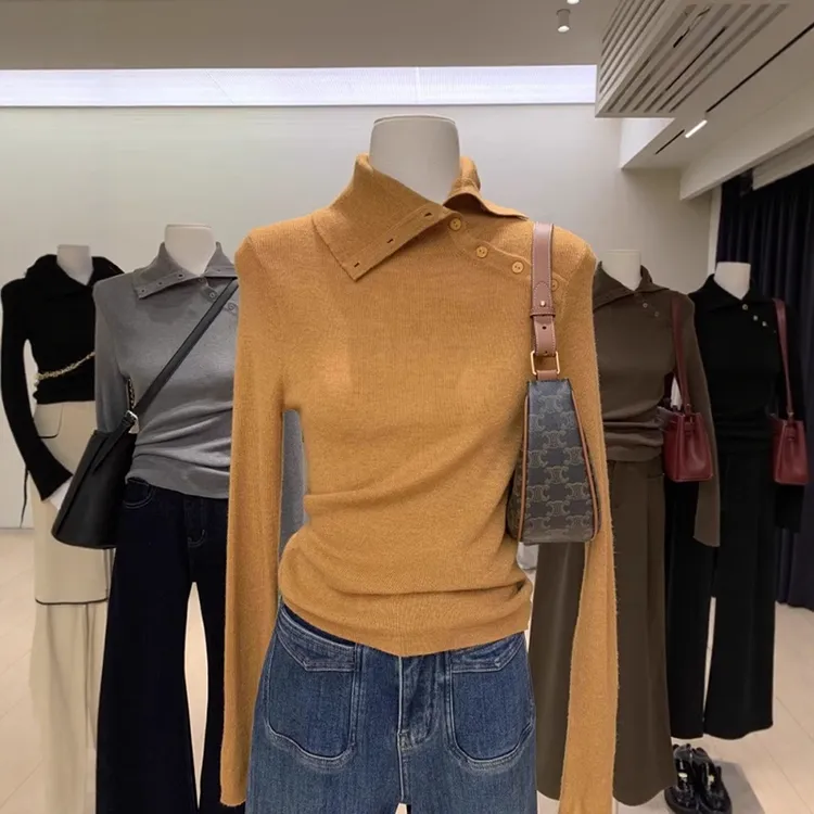 黄色不规则短款翻领上衣设计感内搭打底衫半高领长袖针织衫女早秋