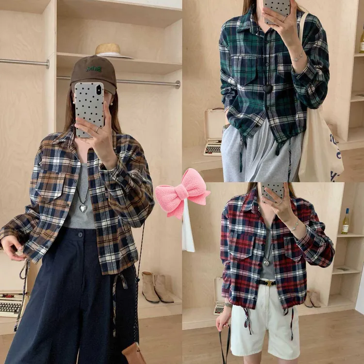 新款复古格子纹衬衣外套百搭短款宽松潮流显瘦长袖上衣  