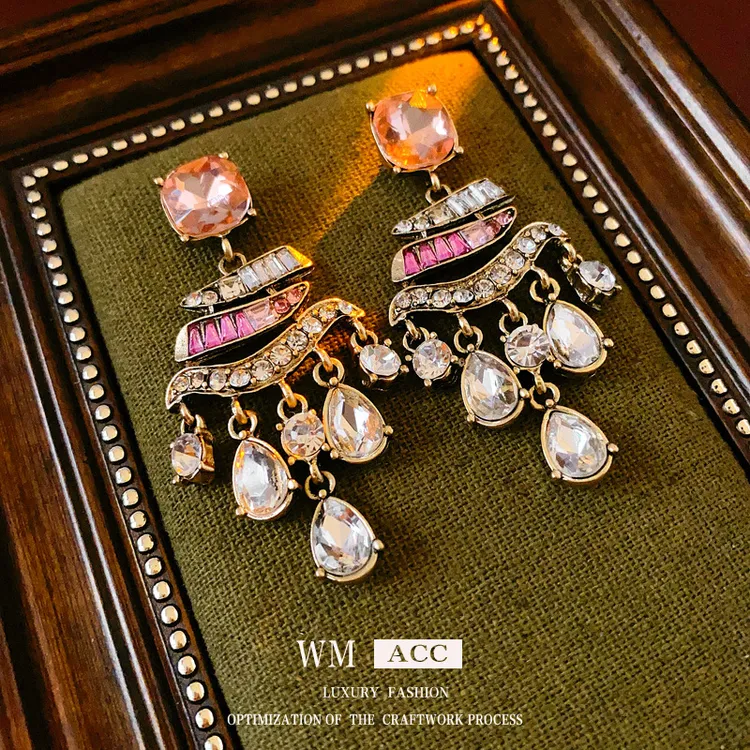 合金合成锆石耳饰 中古vintage银针耳环镶钻方形水滴流苏耳钉轻奢