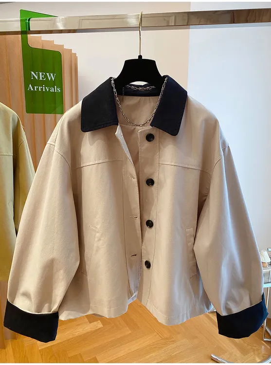 韩系小众简约拼色翻领风衣外套女春秋复古设计感慵懒百搭夹克上衣