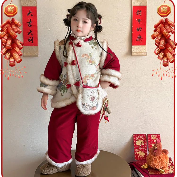 女童冬装套装头唐装女宝厚款女加绒国风中国风拜年服古装汉服宝宝