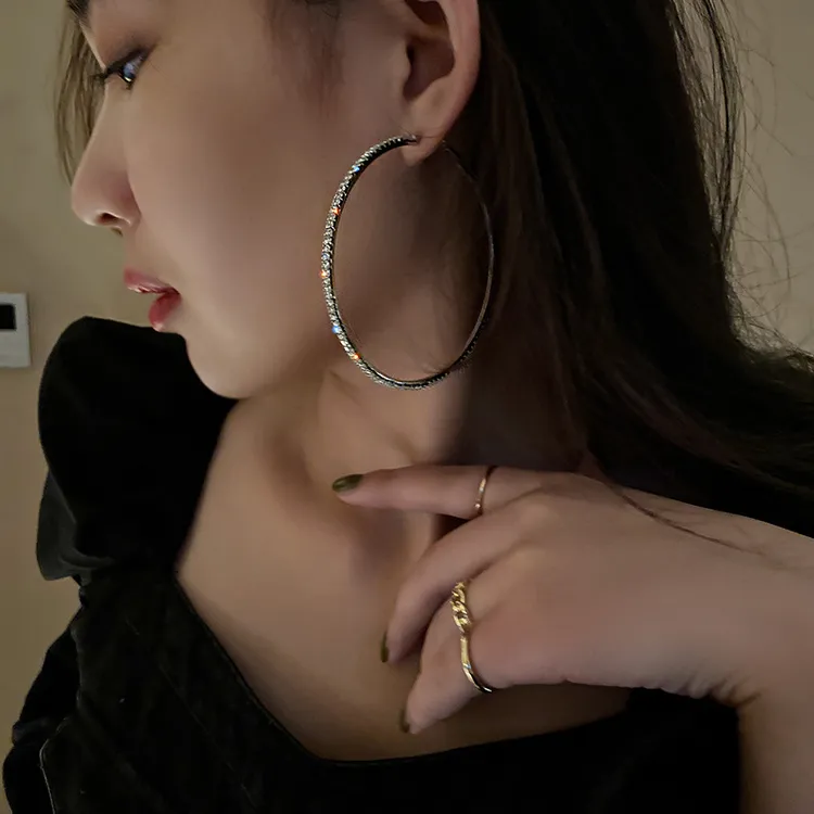 WM银针镶钻单排耳环欧美夸张时尚大圈圈耳圈气质时尚简约耳饰家爆