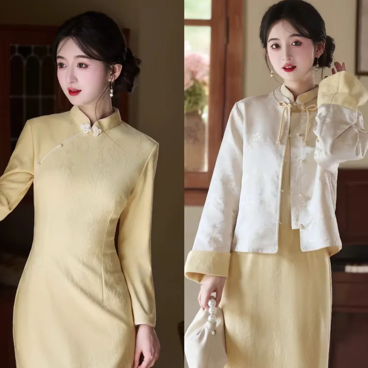 婉【琉璃】秋季国风日常中长立领提花斜襟碎花旗袍加厚优雅秋冬外套