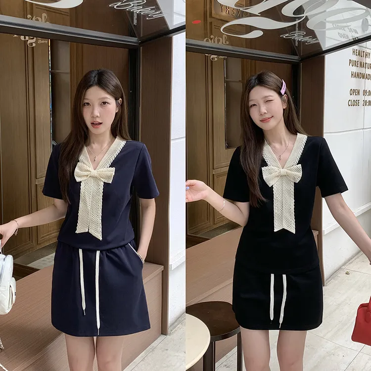 2025夏新胖mm大码休闲蝴蝶结v领短袖半身裙套装甜美可爱风格衣服