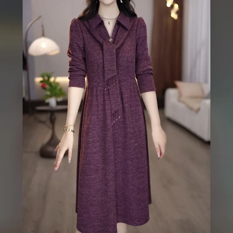 【连衣裙】2025秋款紫色洋气时尚气质干练打底修身收腰女士连衣裙