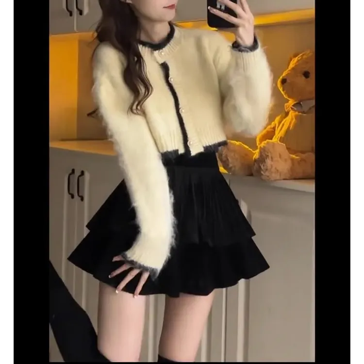早秋季温柔气质奶fufu温柔气质韩剧小香风毛衣搭配半身裙两件套装