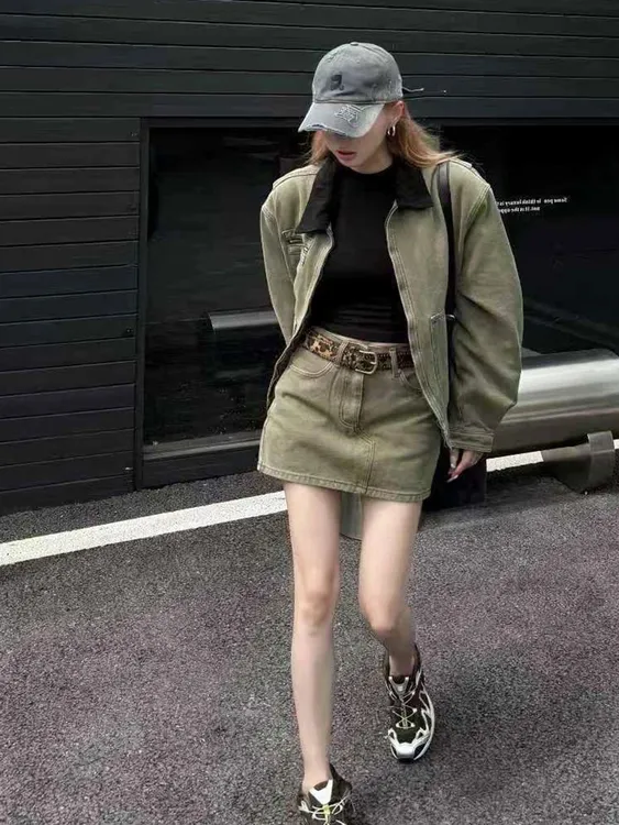 时尚欧货牛仔套装2025秋季新款撞色拼接工装夹克外套半身裙两件套