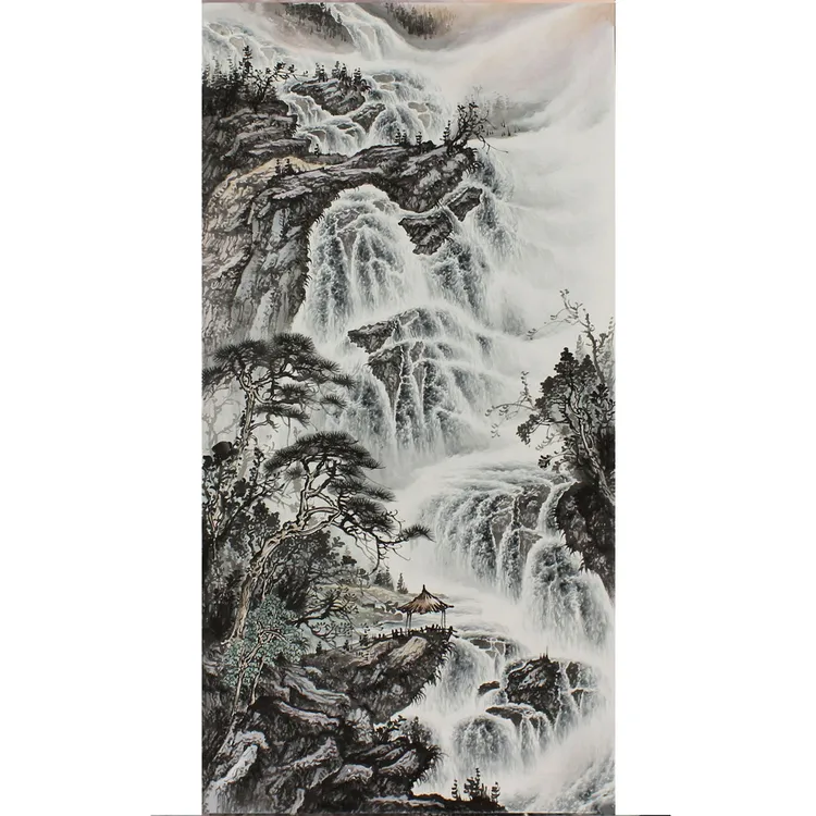 蒋文杰纯手绘国画山水画四尺财源广进瀑布图未装裱中式装饰画
