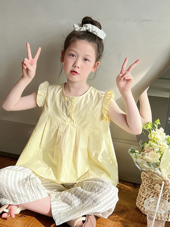 女童衬衫纯棉2025新款夏装儿童娃娃衫女孩无袖薄款韩版飞袖上衣夏