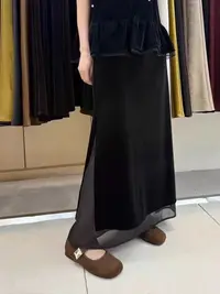黑色半身裙大摆O型拼接休闲风夏季高腰半裙松紧带