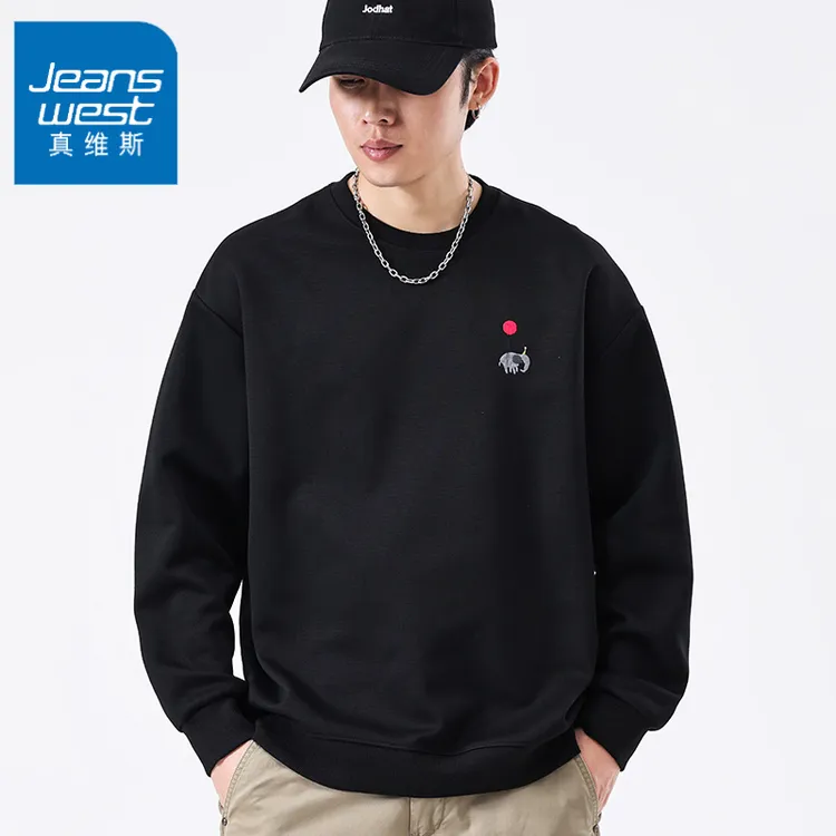 Jeanswest真维斯秋季男士休闲风宽松落肩袖长袖圆领套头刺绣棉聚