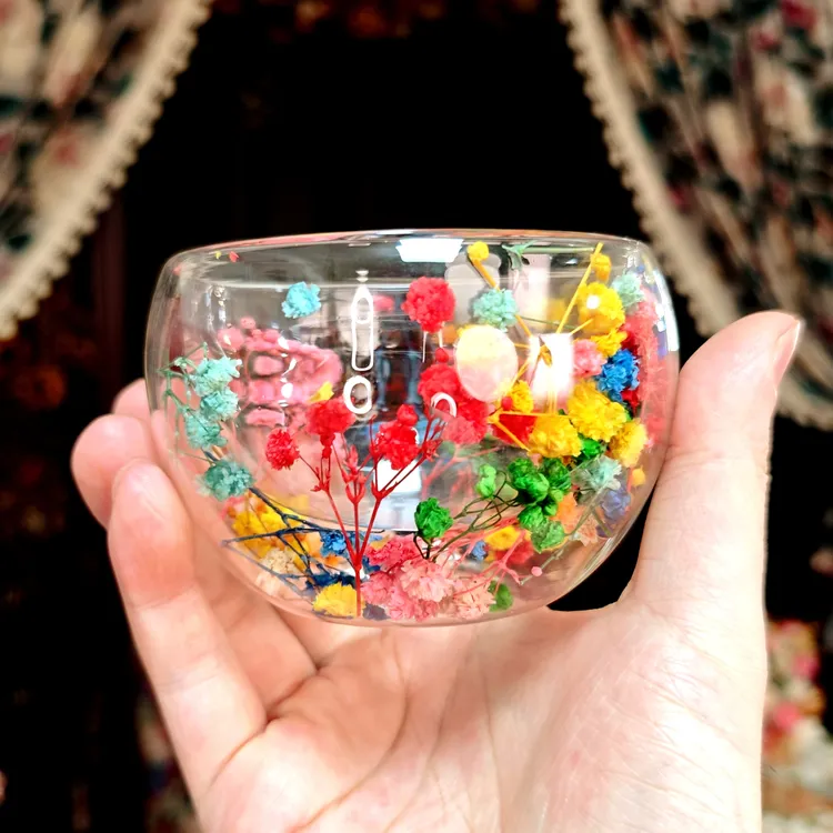 新款永生花系列高硼硅玻璃双层甜品碗（满天星绣球混色两只装）