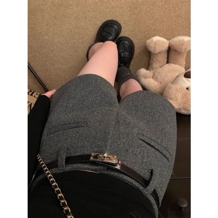 百搭辣妹风毛呢休闲短裤女装秋冬季高腰显瘦A字阔腿呢子外穿靴裤