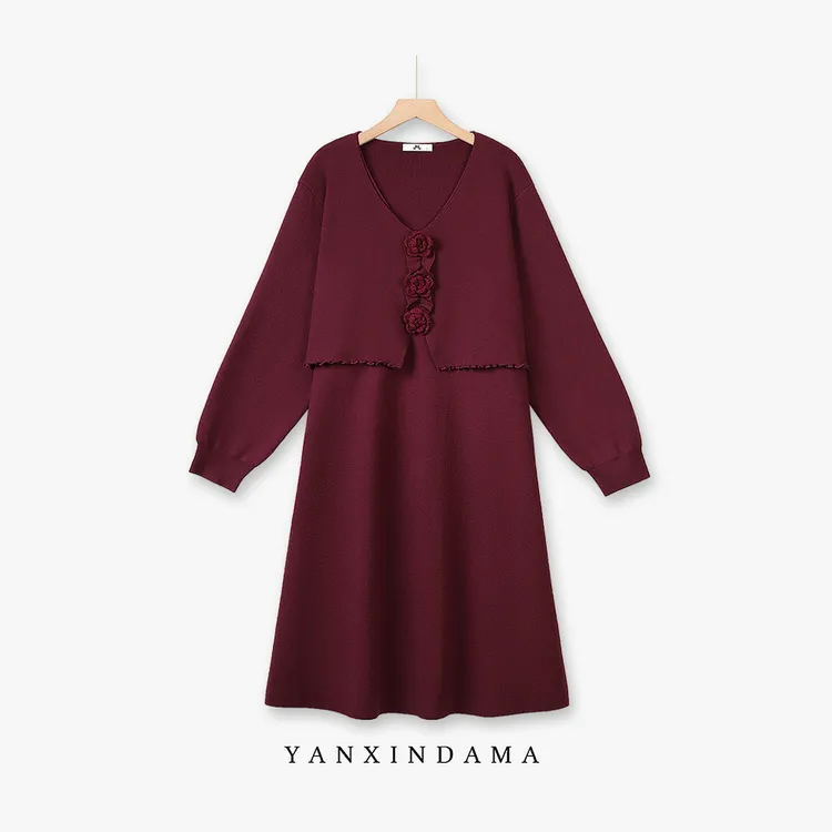 大码女装300斤胖MM优雅立体花朵设计感假两件连衣裙10255