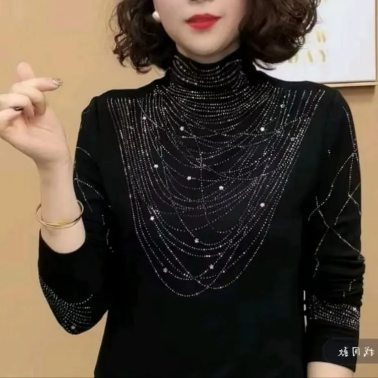 加绒保暖打底小衫2025冬季新款减龄烫钻洋气百搭时尚长袖女士上衣