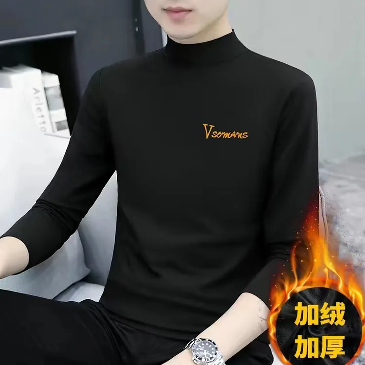 Punuo蒲诺胜利一体绒秋冬保暖加绒加厚纯棉长袖t恤男中领打底衫