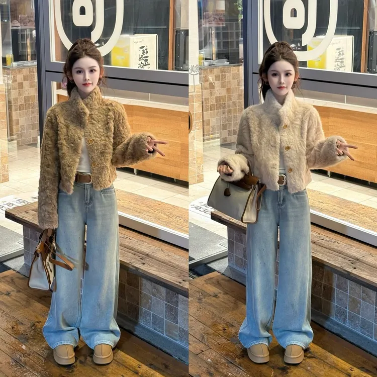 拉夏贝尔2025秋冬季新款小香风显瘦百搭舒适时尚立领保暖短外套