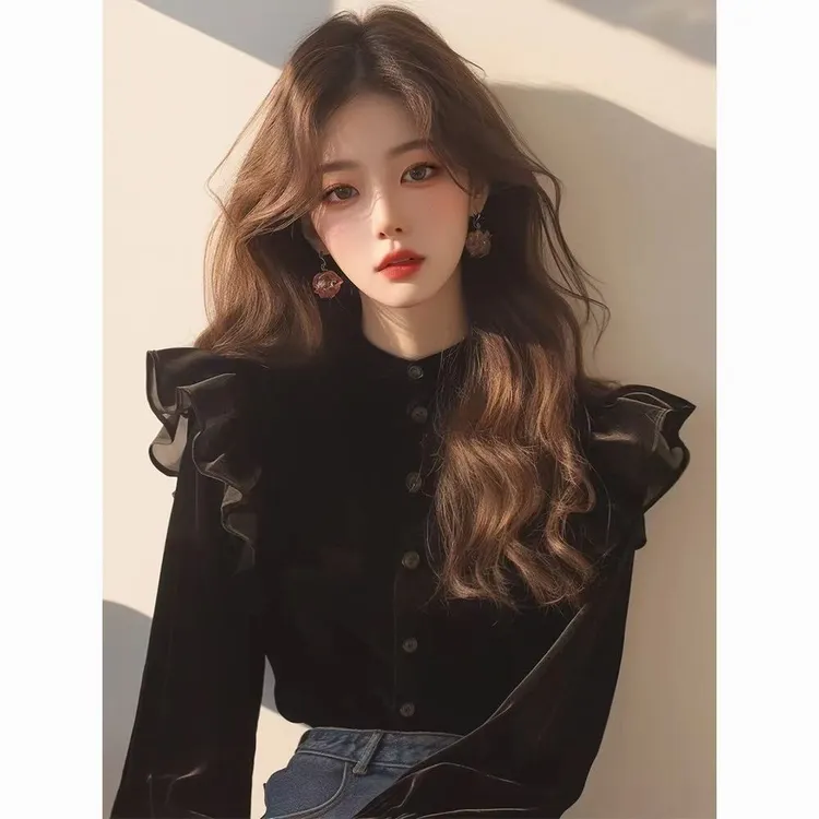 法式赫本风黑色丝绒衬衫女2025秋季新款绝美公主风独特超好看上衣