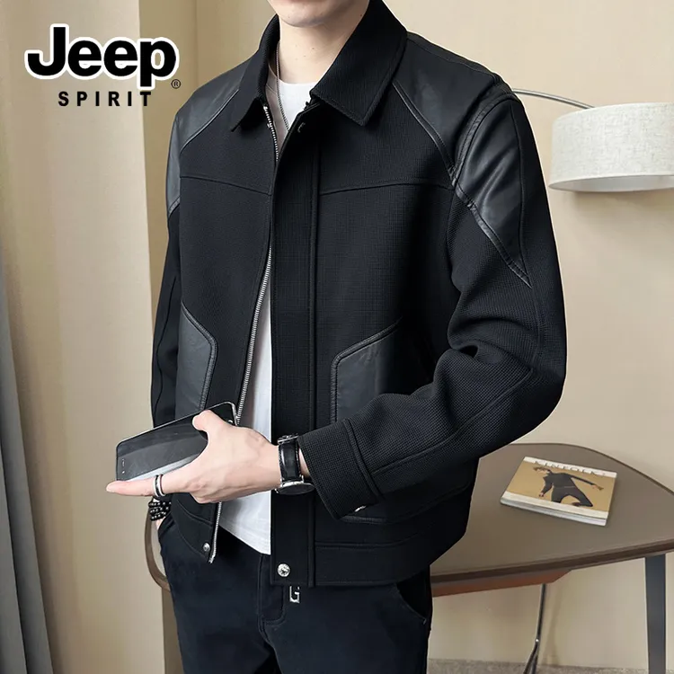 JEEPSPIRIT春秋季新款潮牌针织PU皮夹克男士潮牌拼接休闲百搭外套