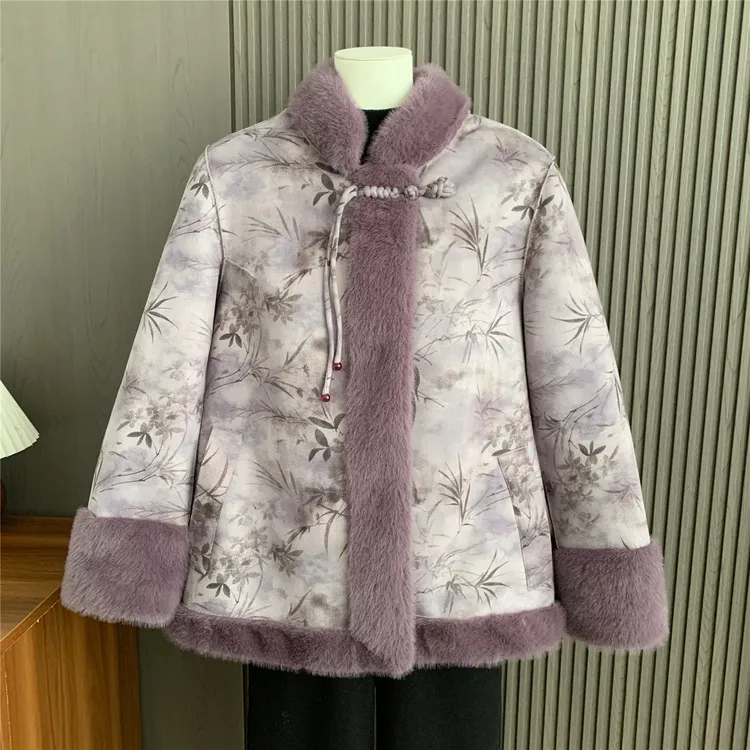 妈妈秋冬装皮毛一体仿水貂绒外套中式盘扣双面穿加绒加厚毛呢大衣