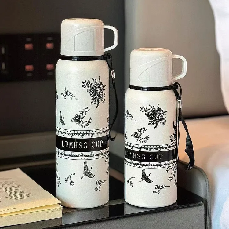 栀子花保温杯316不锈钢大容量水杯女生学生高颜值便携双盖随行